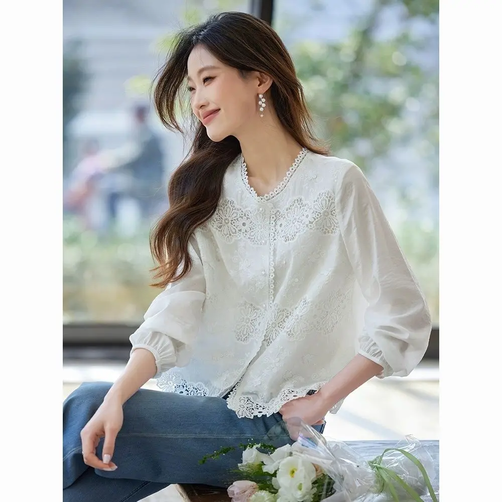 

French Hollow-out Lace Ruffle Long Sleeve White Shirt Women's Elegant Age-Reducing Fashionable Shirt Spring