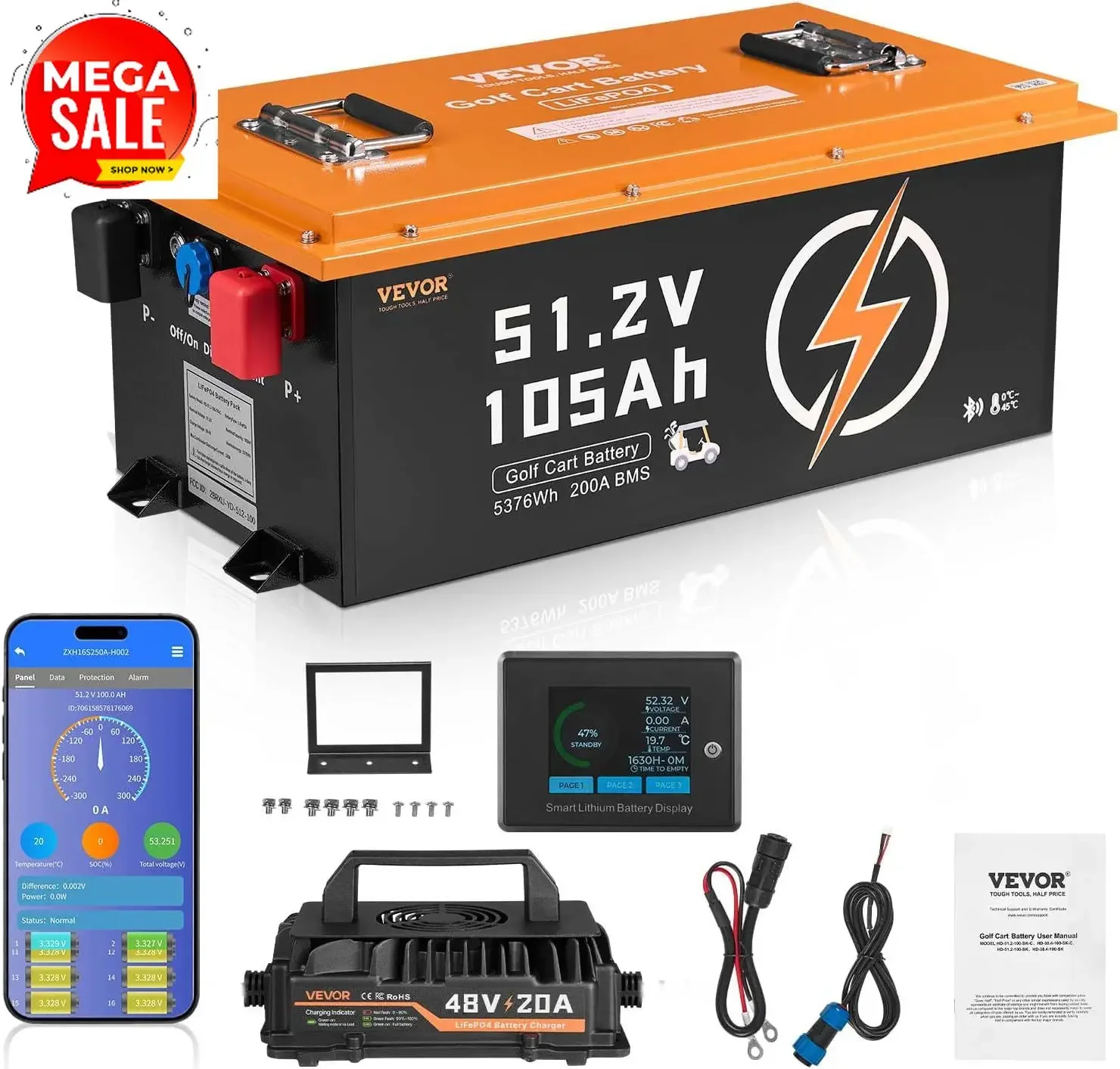 48V 105Ah Golf Cart Lithium Battery, 48 Volt Golf Cart Battery with 200A BMS, Touch Monitor and Mobile APP, LiFePO4 Battery