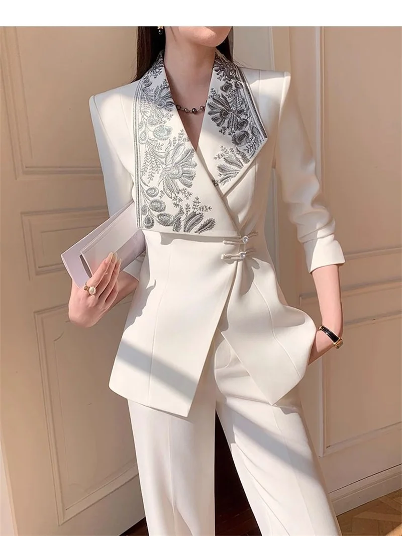 Women's Summer Suits New Heavy Craft Embroidery Shirt Ladies Top Micro Flared Pants Temperament Two-Piece Set Chinese Style Suit