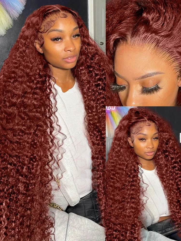 Reddish Brown Deep Wave 13x6 HD Lace Frontal Wig Colored Pre Plucked 40 Inch Curly 13x4 360 Lace Front Human Hair Wigs For Women