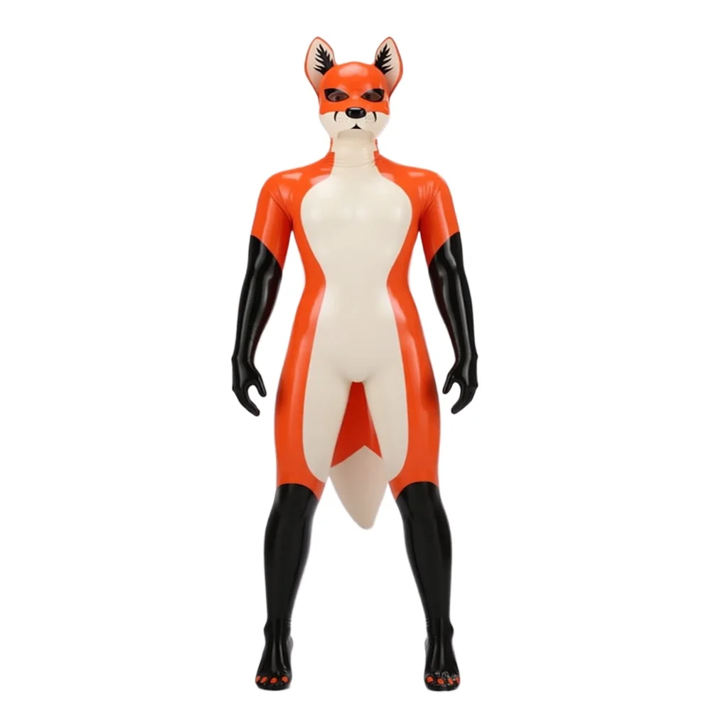 

Latex Fox Catsuits Costume with Mask & Tail Rubber Orange Full Bodysuit Cosplay Shows Handmad club wear