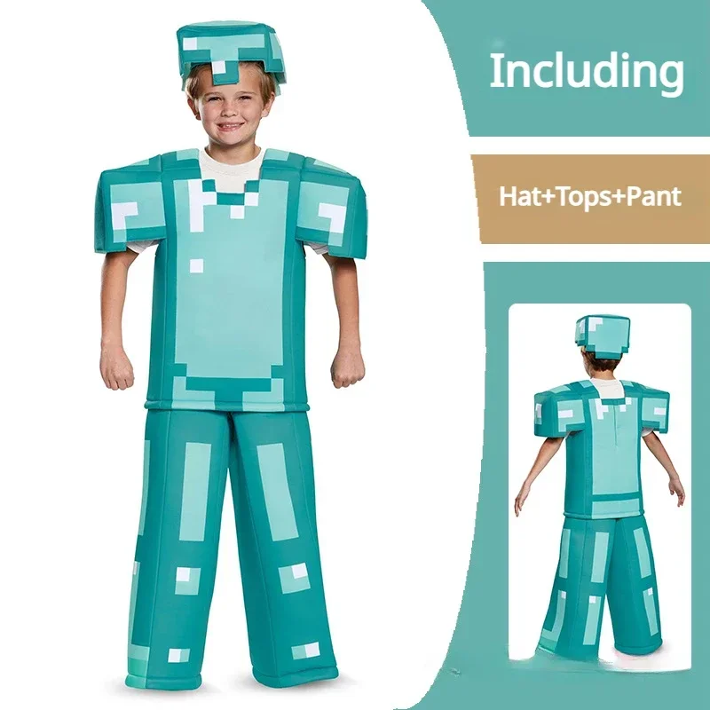 Child Game Creeper Anime Character Suit Diamond Armor Steve Cosplay Costumes Kids Halloween Carnival Party Costume with Mask