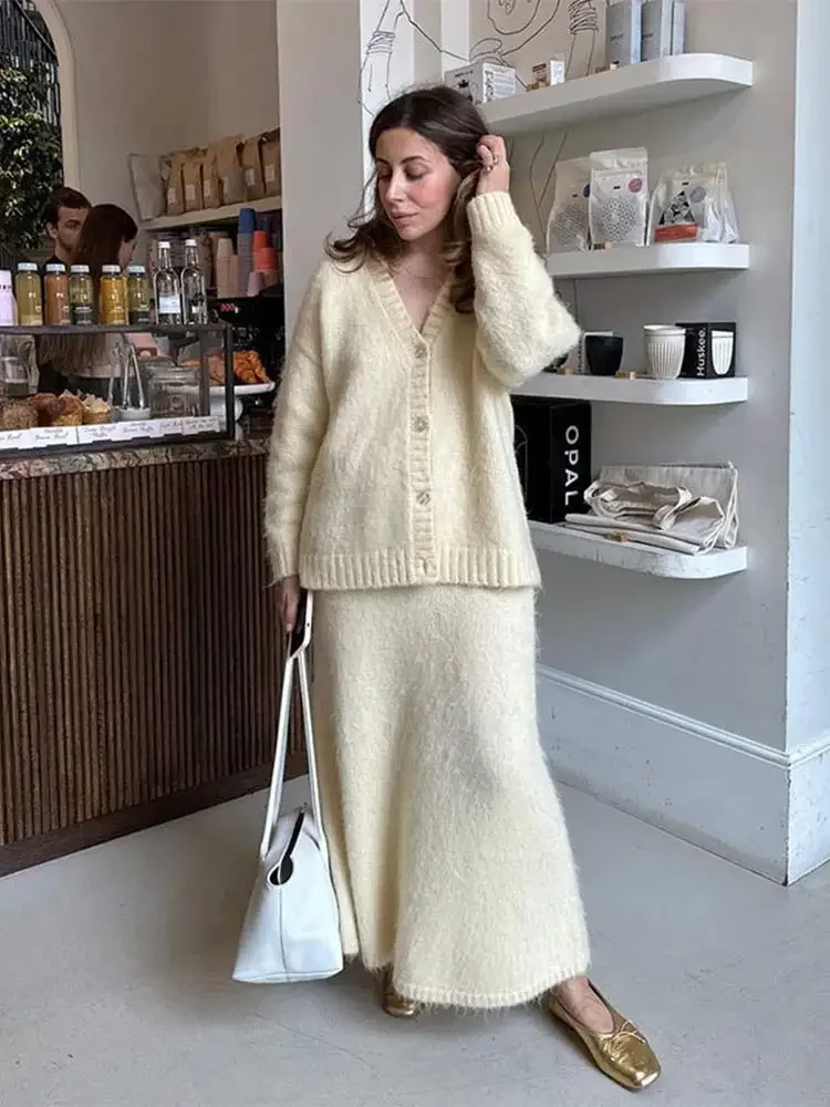 Conjunto de 2 peças de saia mohair para mulheres, cardigã de malha, gola V, saias longas soltas, moda feminina, elegante, monocromática, outono, ternos de festa