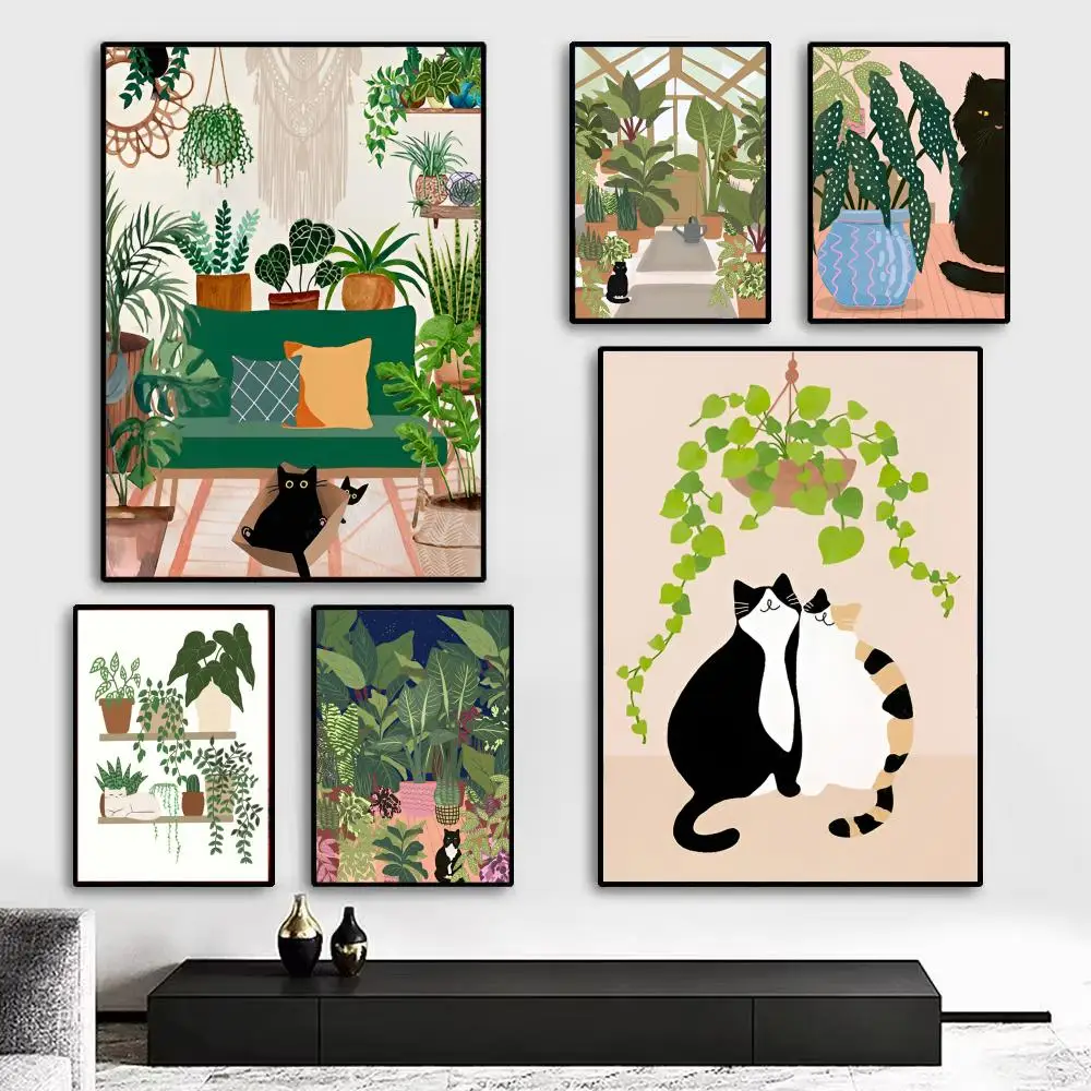 Poster mit grünen Pflanzen und schwarzer Katze, Kunstdruck, Wanddekoration, ideal für Wohnzimmer, Schlafzimmer, Bar, Salon und als Geschenk für zu Hause