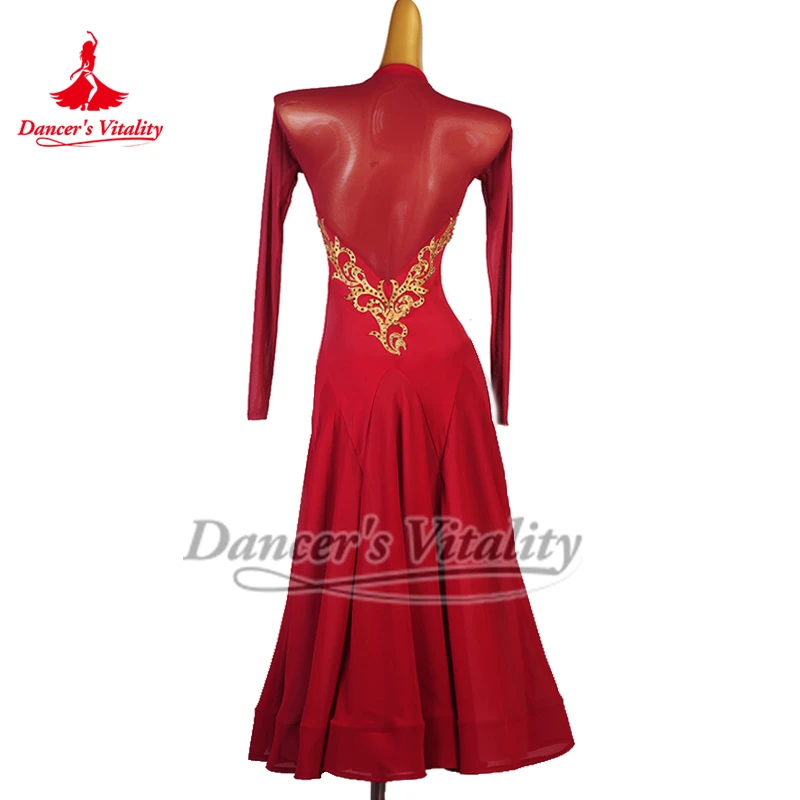 Vestido de baile Social con espalda de malla en forma de V para mujer adulta, elegante vals Foxtrot, ropa de práctica y actuación personalizada de alta gama