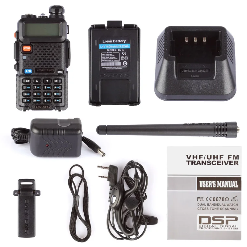 Baofeng UV-5R يده لحم الخنزير راديو ، الأصلي المزدوج الفرقة 144-148/420-450Mhz اسلكية تخاطب مع 1800mAh بطارية ليثيوم أيون ، أسود