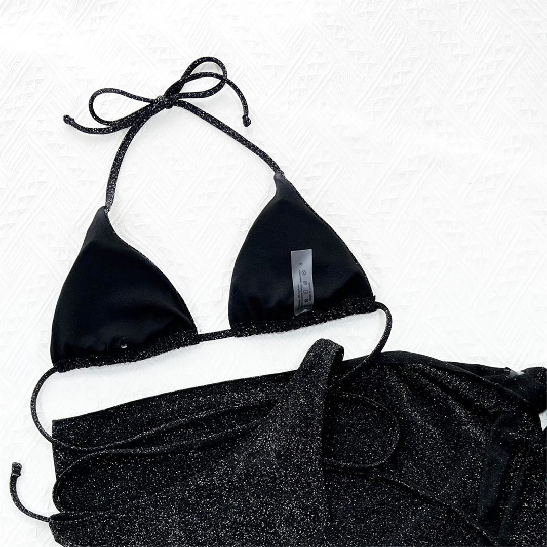 Glitzernder, funkelnder Wickel-Bikini, Damen-Badebekleidung, dreiteiliger Bikini-Set, Sarong, Badeanzug, Badebekleidung, Modell V3679 – Detail 32