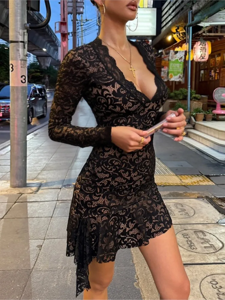 Summer Y2k Women's Dresses Sexy Sheer Mesh Lace Bodycon Dress Flared Long Sleeve V-Neck Mini Dress Party Club Evening Dresses