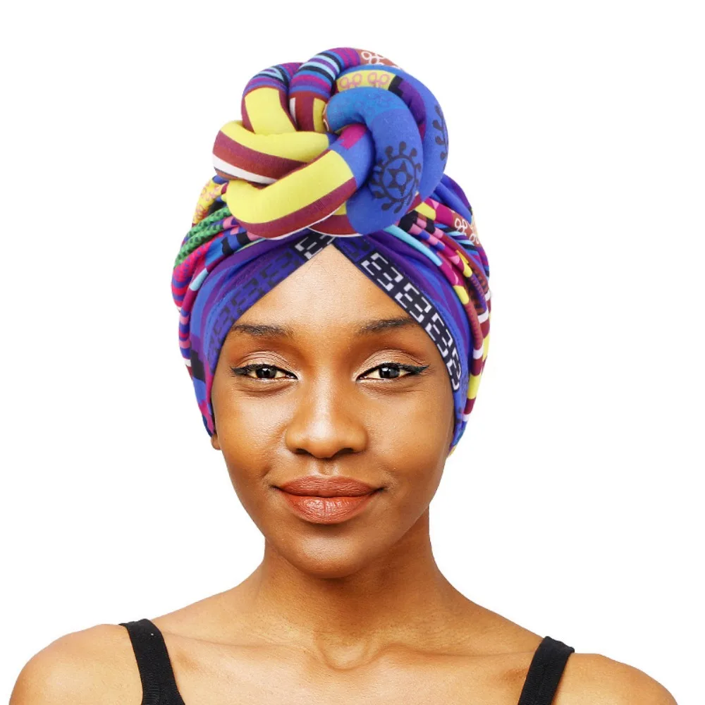 African Print Turban for Women New Fashion Pre-Made Top Knot Head Wraps Flower Stretch Hijab Ladies Party Wedding Headdress