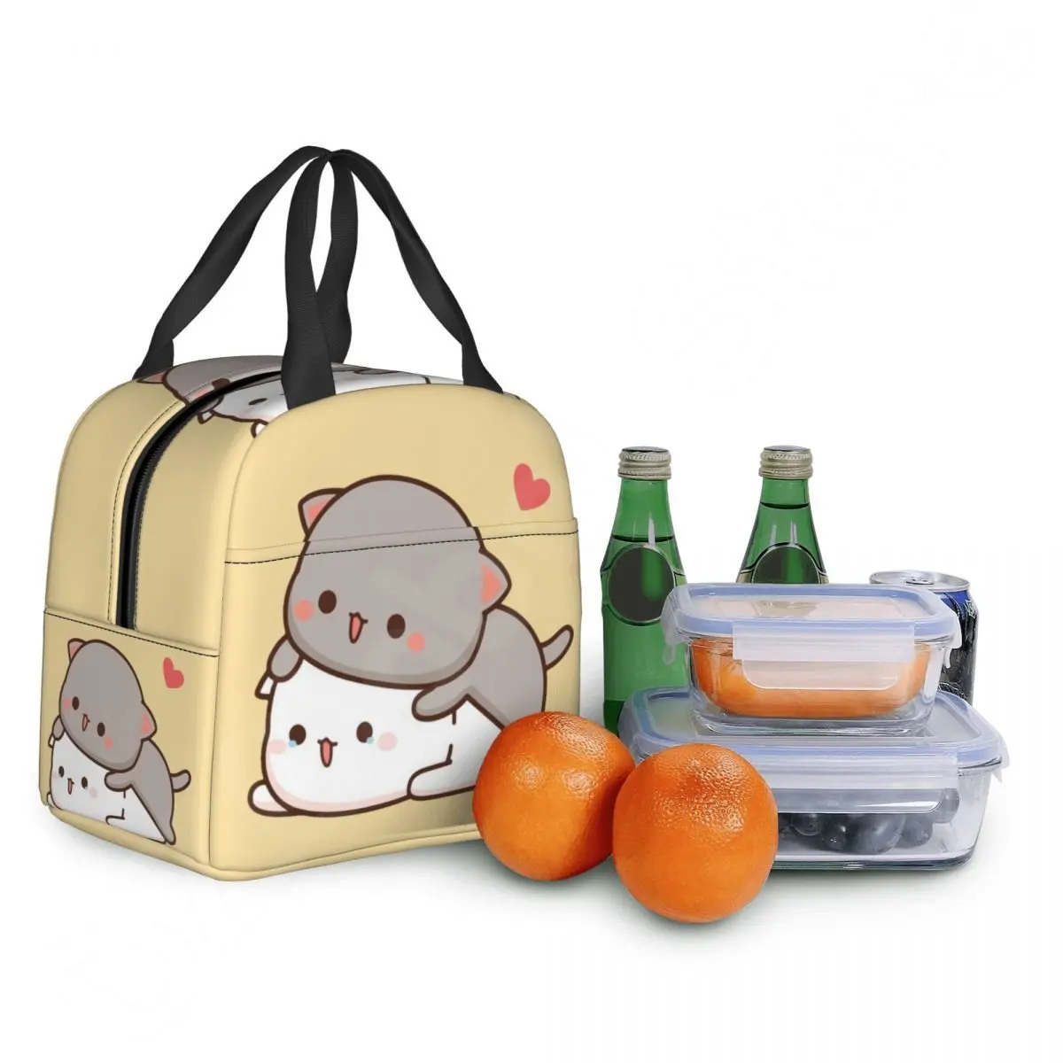 Couple Mochi Cat Insulated Lunch Bag Peach and Goma Thermal Lunch Box Portable Cooler Tote Bags for Children Women School Work