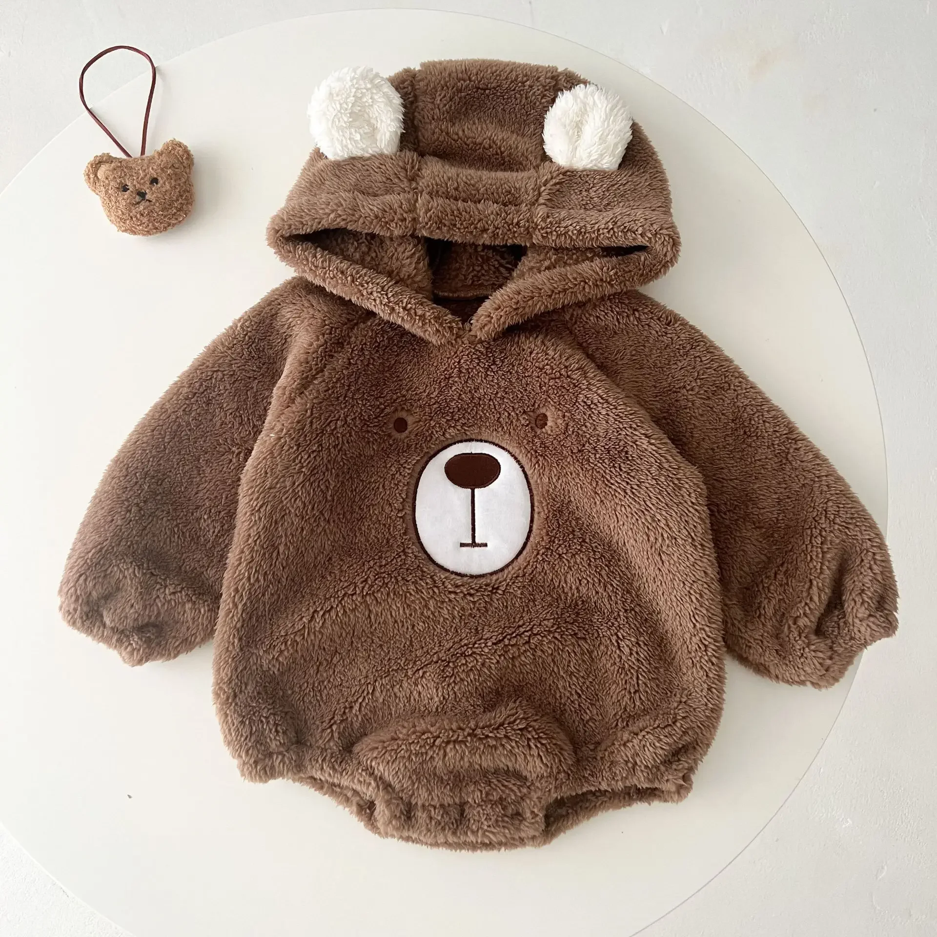 Baby Flannel Romper Long Sleeve Hooded Jumpsuit Cartoon Bear Infant Boy Girl Overalls Newborns Autumn Winter Clothes 0-3Years