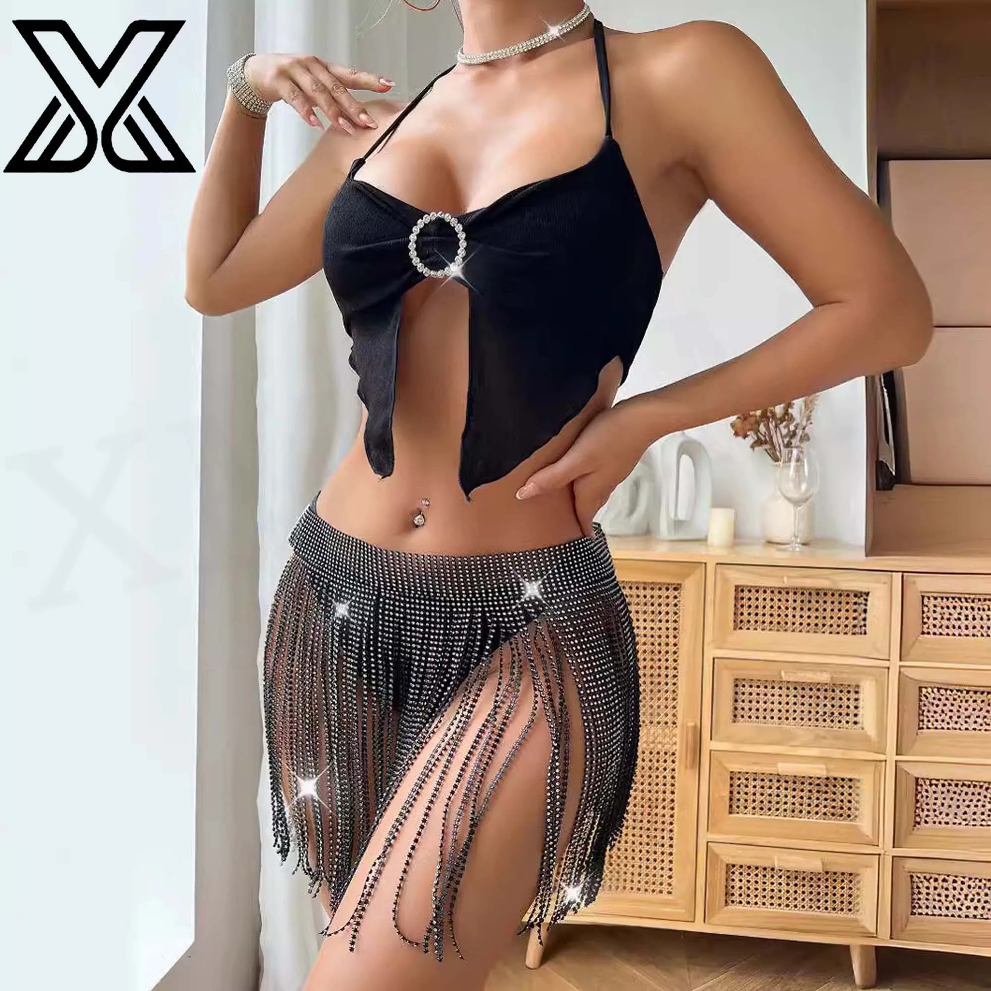 XMJXMY Sexy Sparkling Diamond Strap Splicing Women's Beach Bikini Exterior Shining Half Skirt Tassel Skirt for Women