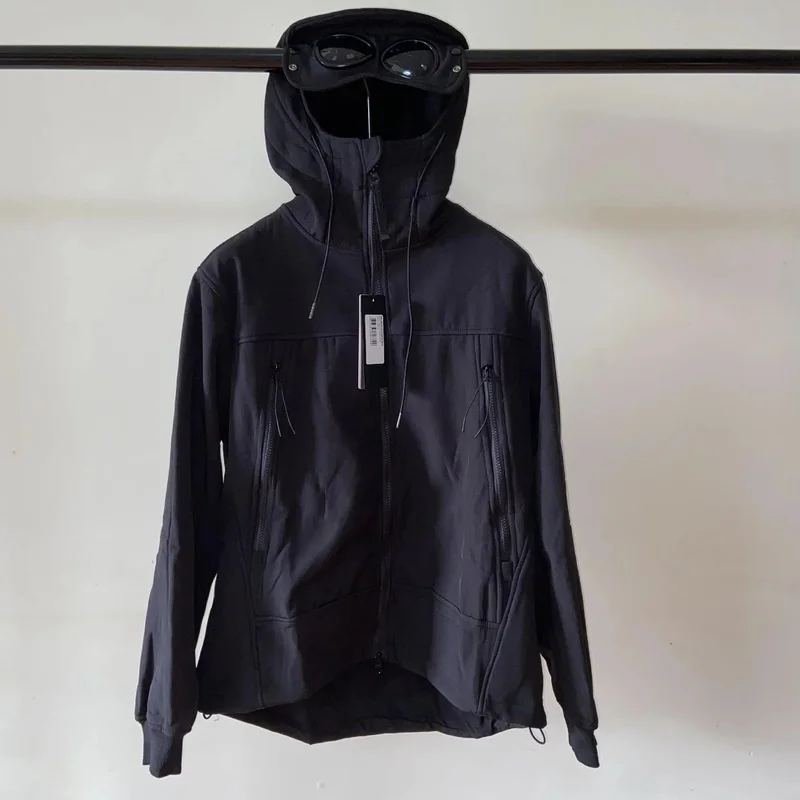 For Men's Iconic Goggle Lens Hooded Jacket, Softshell Fleece Lined Windproof Coat, Outdoor Sports Casual Zip Up Jacket