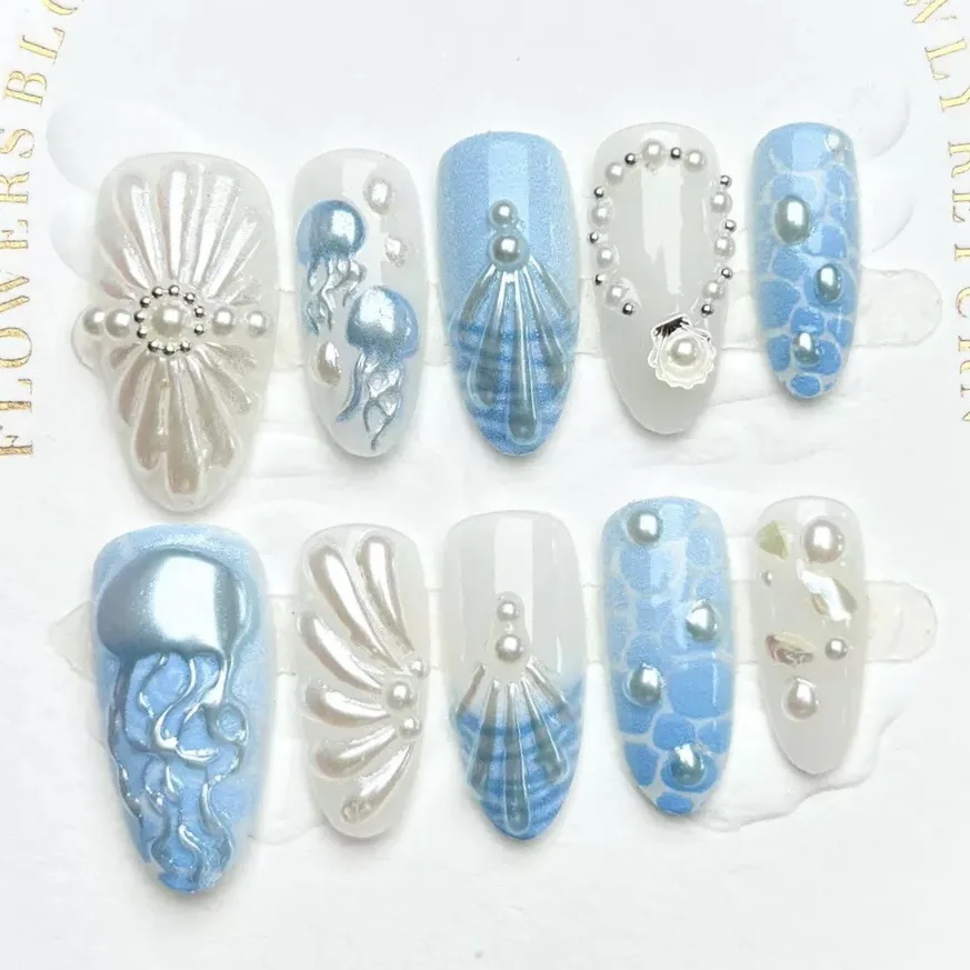 

24Pcs Blue French 3D Jellyfish Shell Press on False Nails Mid-length Almond Fake Nail Pearl Detachable Full Cover Nails Tips Art