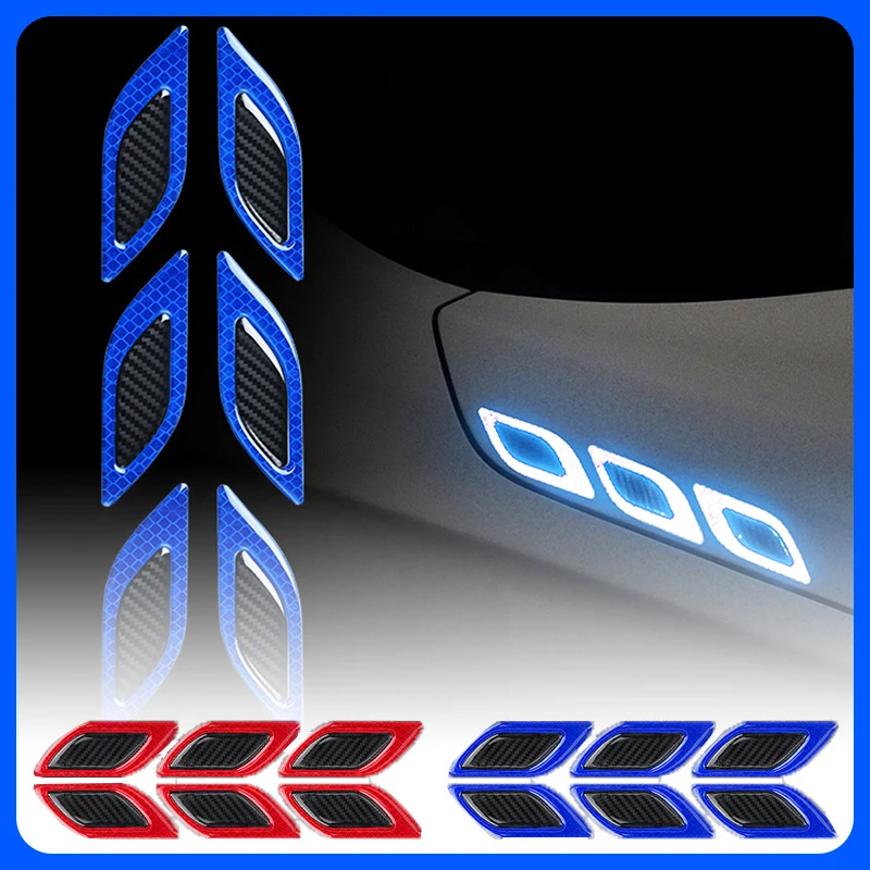 6pcs Car 3D Reflective Carbon Fiber Sticker Fashion Car Styling Reflective Strips Night Safety Warning Auto Exterior Accessories