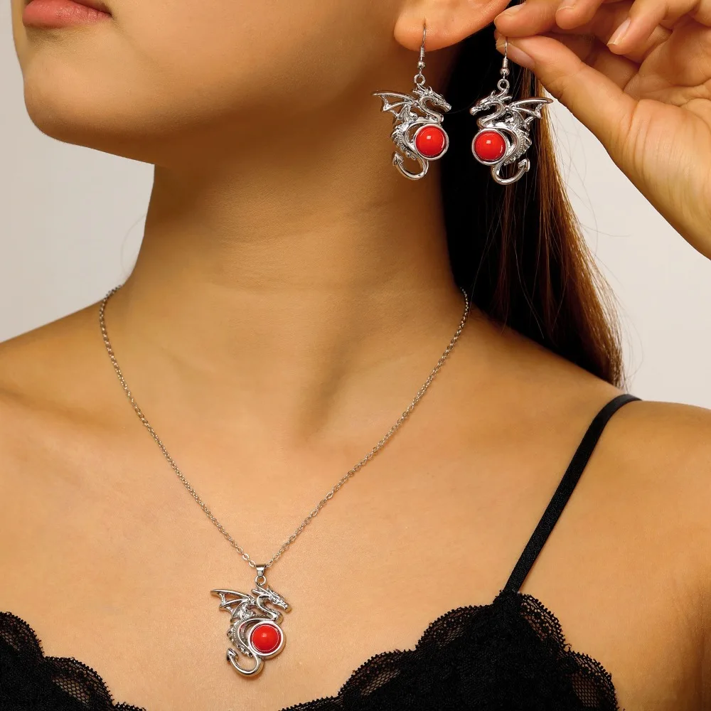 Gothic Punk Sliver Color Flying Dragon Natural Stone Dangle Earrings Necklace Set for Women Halloween Party Jewelry Sets Gifts
