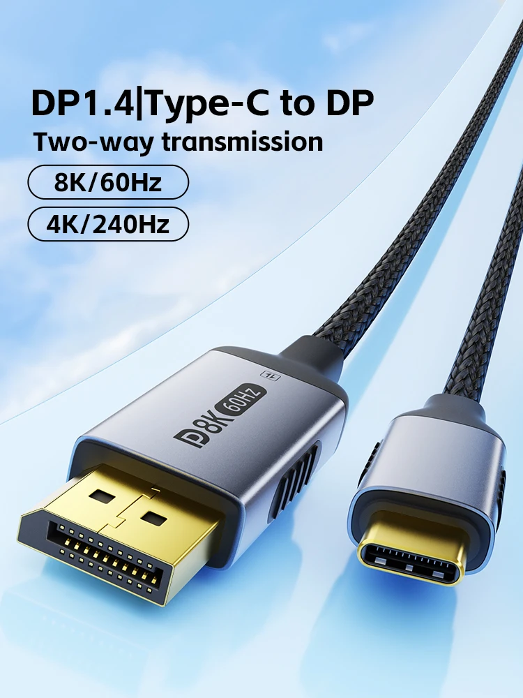 Cabo tipo C para DisplayPort 2.1 8K @ 60Hz 4K @ 144Hz DP bidirecional para USB-C para Thunderbolt