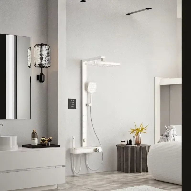 White Piano Brass Shower Set Ceramic Valve Core 4 Functions Rainfall Soft Shower Head LED Temperature Display Hotel Villa Use