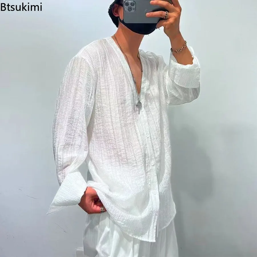 2026 Spring Summer Mesh Tops Men's Vintage Hollow Out Transparent V Neck Long Sleeve Shirts Fashion Casual Cardigan Tees for Men