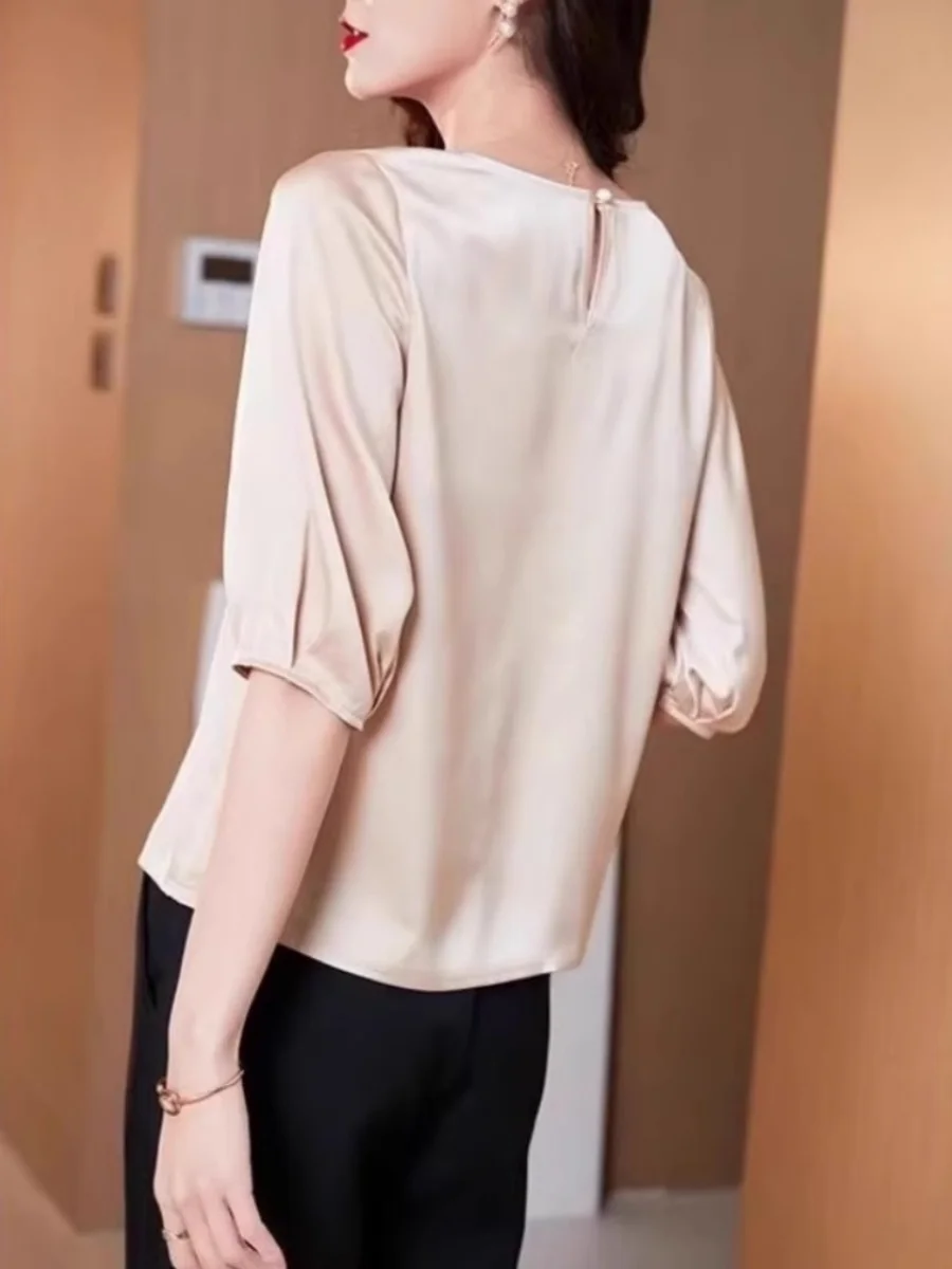 Cetim de seda ort sve camiseta feminina lanterna sve topo faionable novo 2024 redondo ne cor pura comprimento cinco quartos