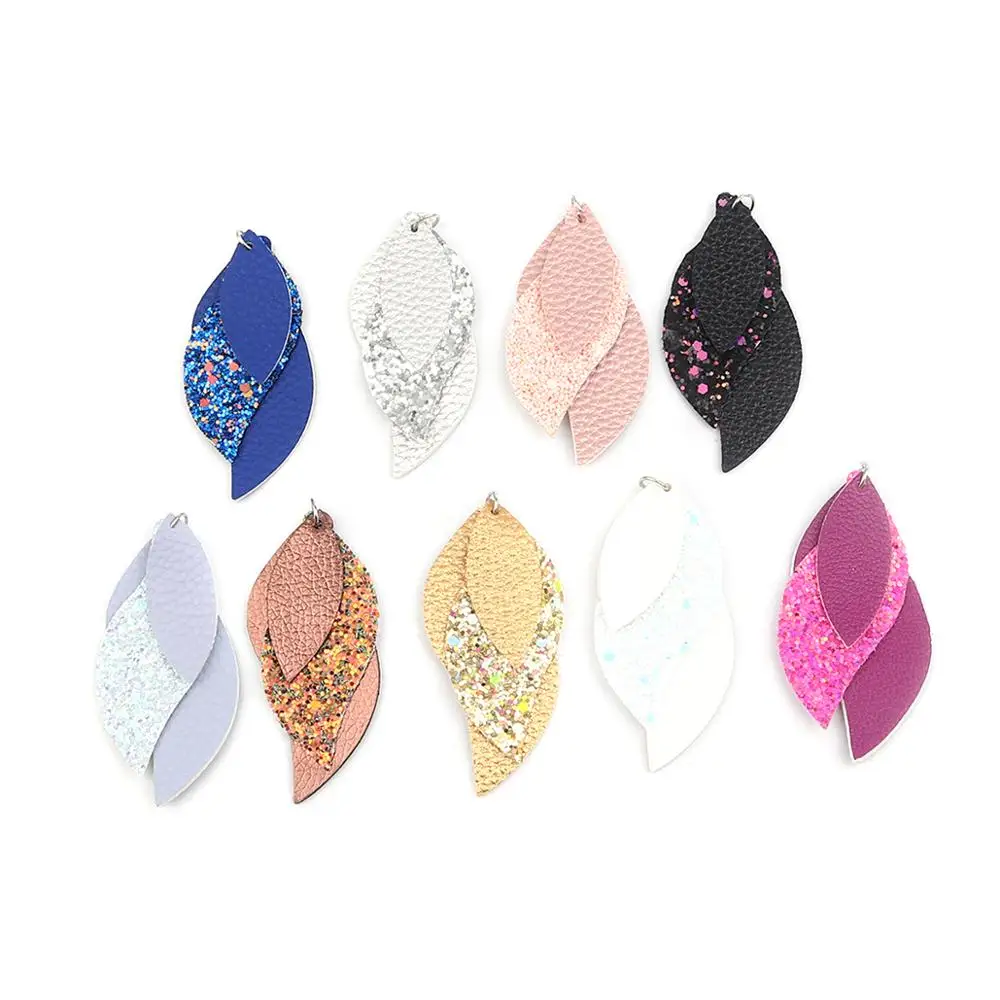 Doreen Box Bohemian PU Leather Three-layer Colorful Charms Sequined Leaf Shaped DIY Making Earrings Women Party Jewelry,5PCs