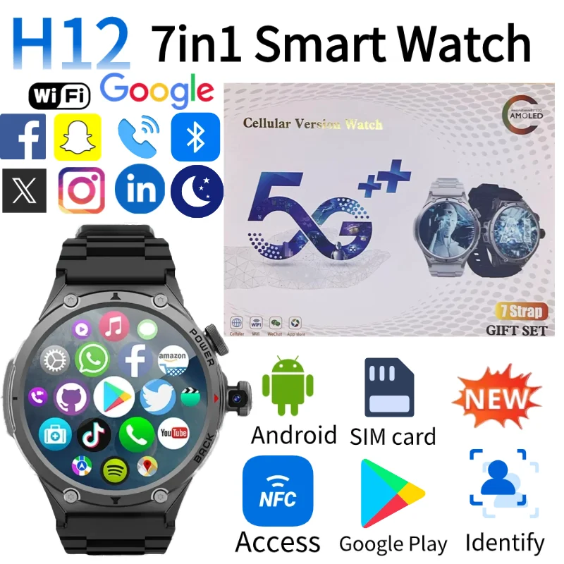 

2025 H12 4G 5G LTE Android Smartwatch 1 6 Inch AMOLED HD Display 720x720 GPS Positioning WiFi Connectivity Waterproof Fitness