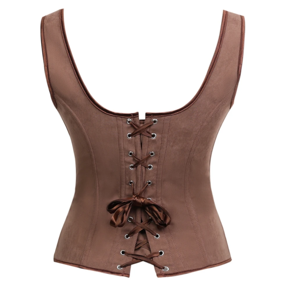 Women Brown Underbust Corset Waist Cincher Wide Strap Front Busk Back Lace Up Vintage