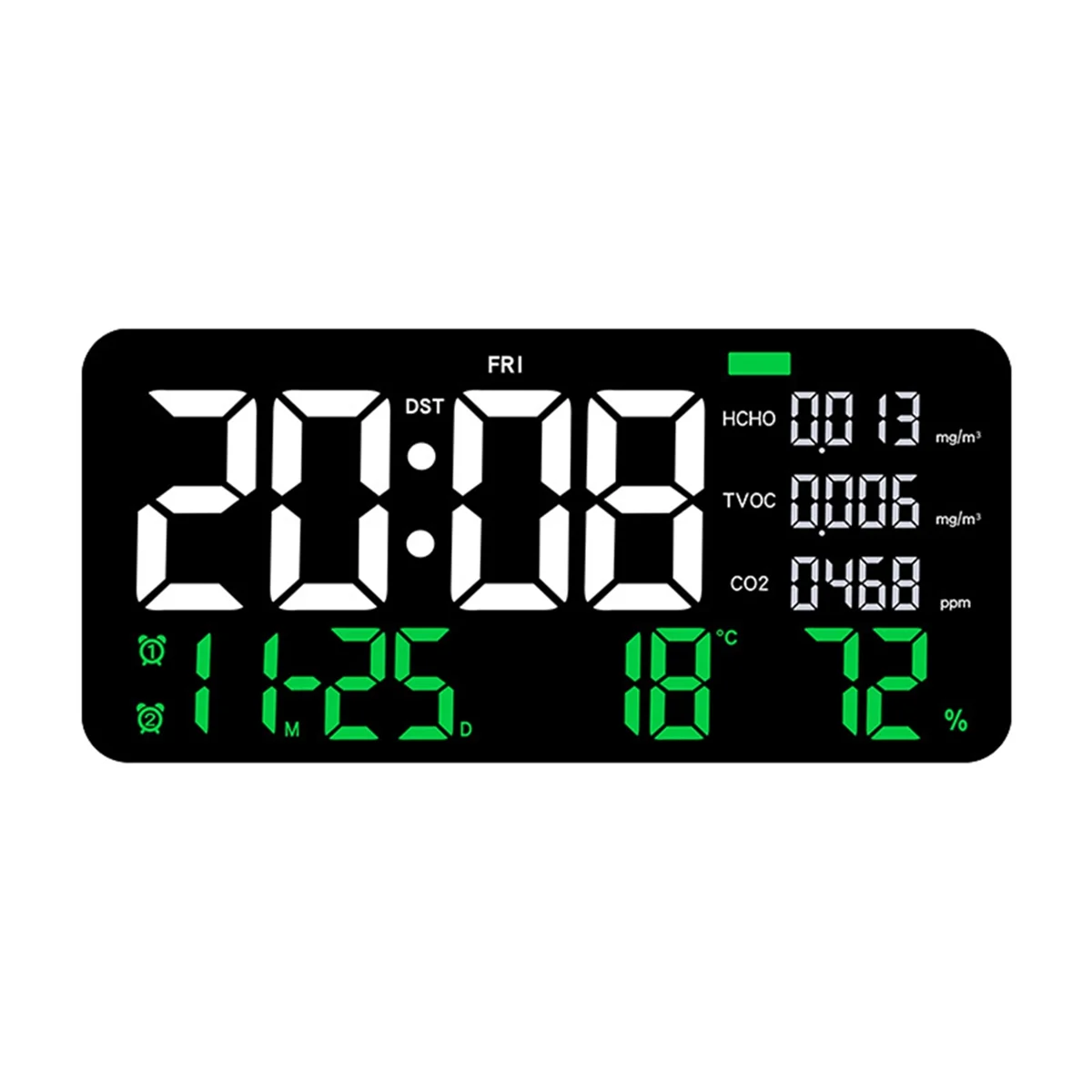 LED Digital Wall Clock Formaldehyde/CO2/TVOC Display Smoke Recognition Countdown Bedroom Decorative Clock Green