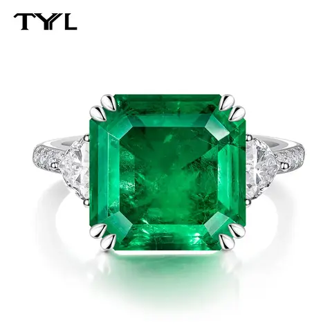 TYYL Asscher Cut 12*12mm Square High Carbon Diamond Ring 925 Silver Lab Emerald Gemstone Rings Women Wedding Party Lady Jewelry