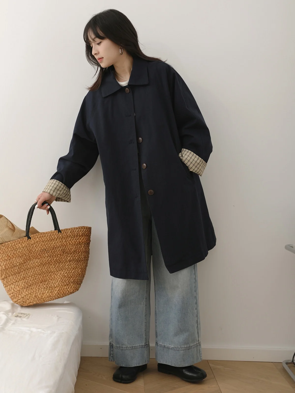 

Sa корейское повседневное женское пальто в клетку в клетку средней длины, ветровка, новинка весны, свободный крой, хлопковое длинное све