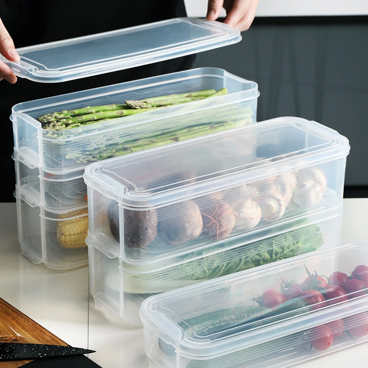 

Plastic Food Storage Containers Stackable Transparent For Kitchen Refrigerator Dumpling Seafood Vegetables Crisper Box