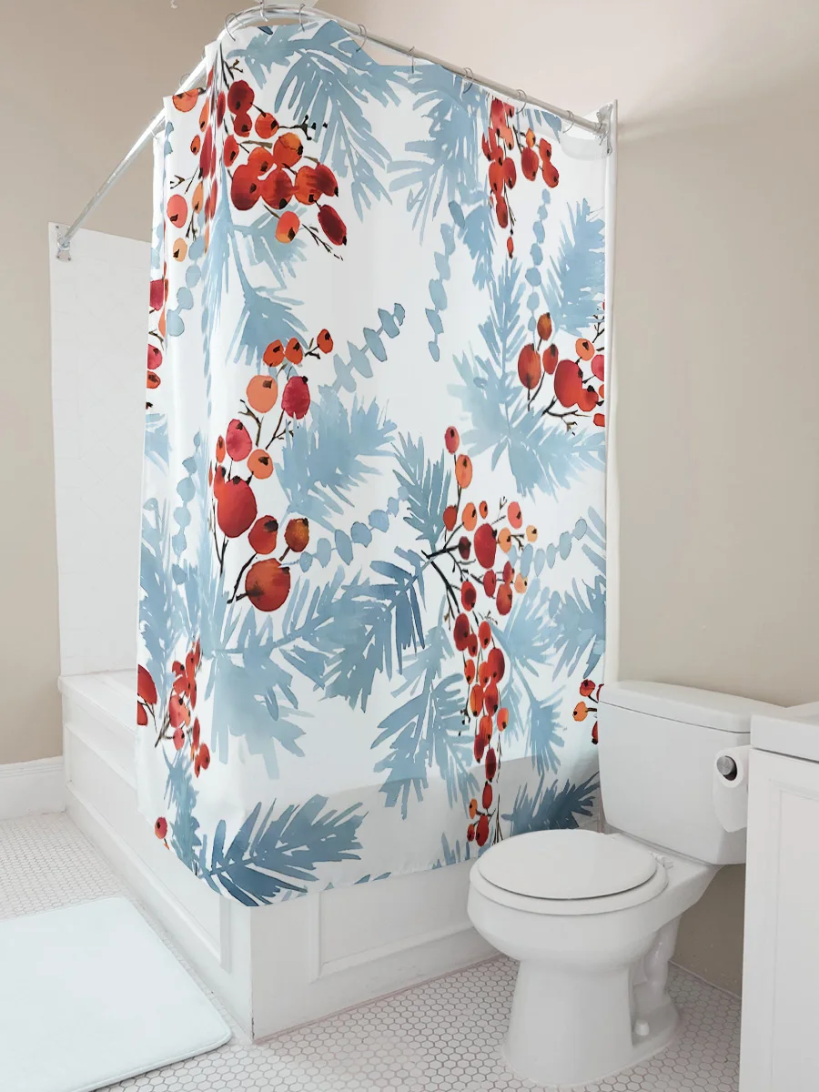 

Элегантная водонепроницаемая занавеска для душа с красными ягодами и синими листьями ‌ ‌ Современный деревенский декор для ванной комнаты с акварельным принтом и крючками, легко чистится