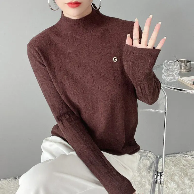 Female Clothing Solid Color Basic T-shirt Casual Half High Collar Autumn Winter Commute Stylish Jacquard Weave Knitted Pullovers