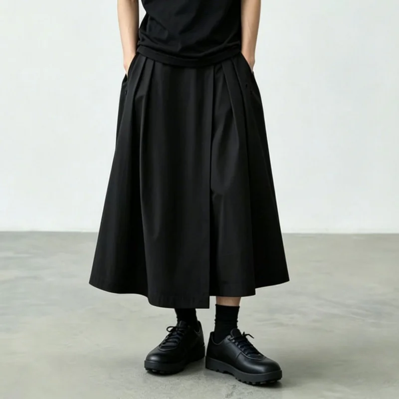 New men's pants, high-waisted wide-leg casual pants, loose-fitting cropped pants, black dark-style skirt-pants A38