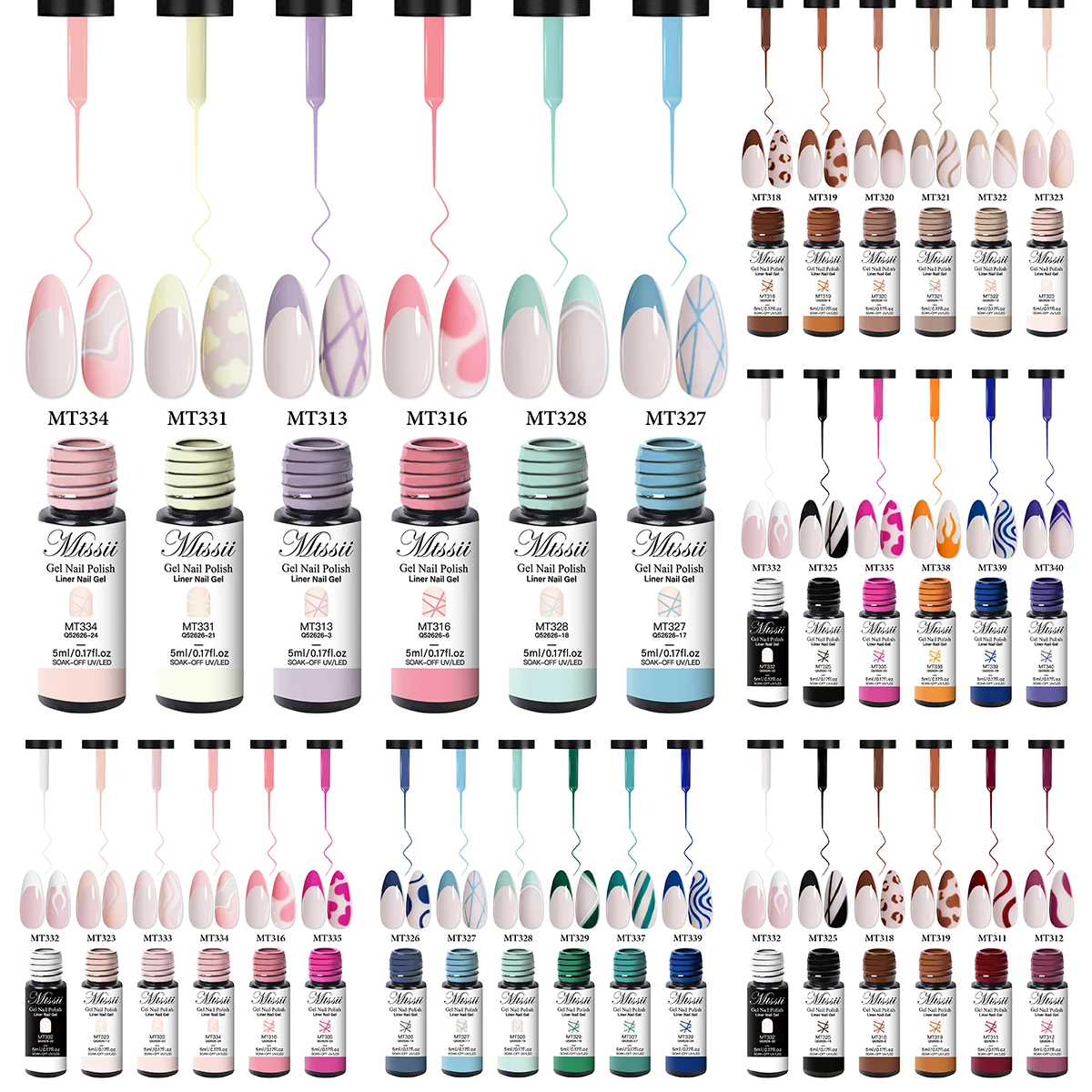 6pcs Nail Art Gel Liner Set 5ml Soak Off UV/LED Nail Polish With Built-in Thin Brush For French Tips, Abstract Line Painting Gel
