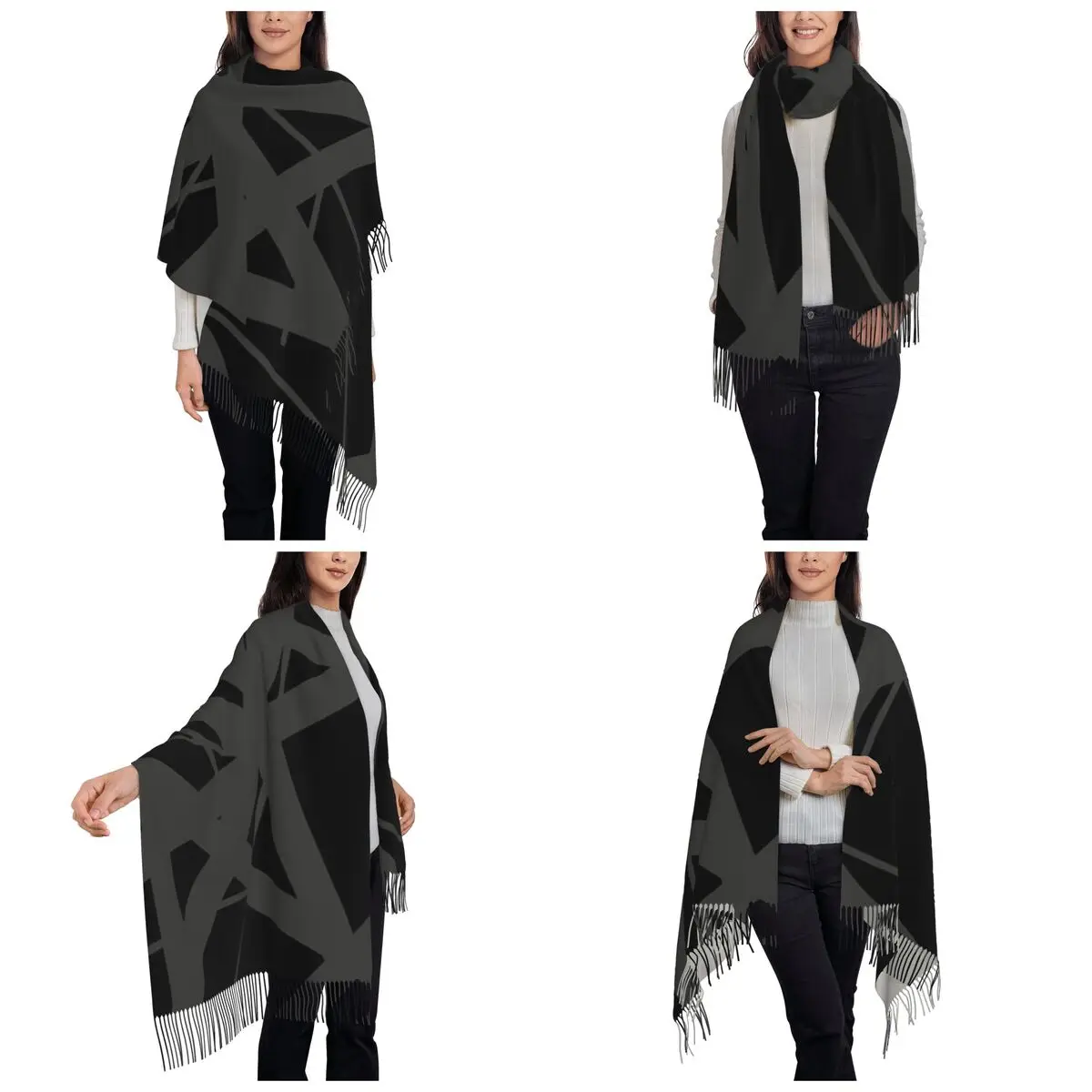 ผ้าพันคอไหมพรมลายทางแท้ ดีไซน์พู่ห้อย ผ้าคลุมไหล่ผู้หญิง เนื้อนุ่ม อุ่นสบาย ผ้าคลุมไหล่ขนาดใหญ่สำหรับฤดูใบไม้ร่วงและฤดูหนาว