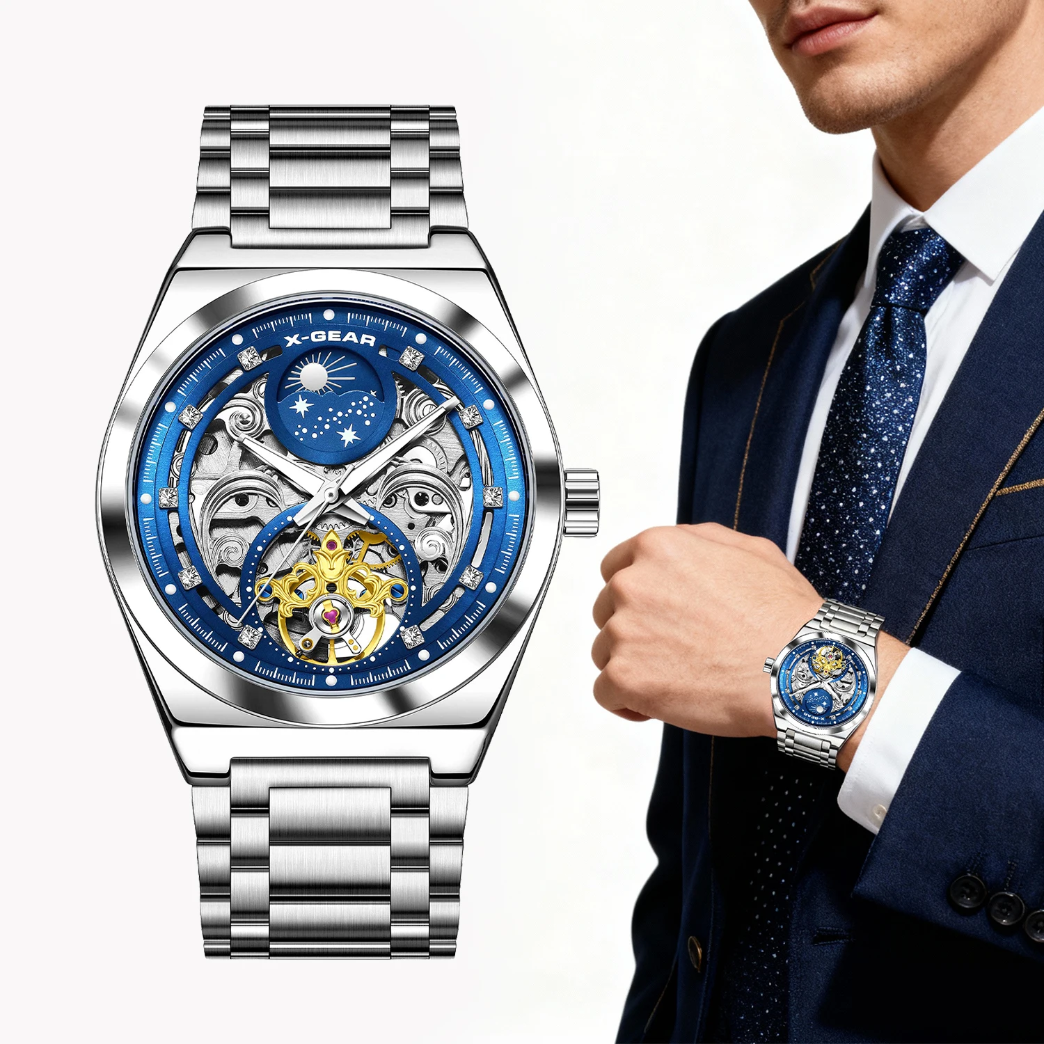 メンズ機械式ムーブメント腕時計、ステンレススチールストラップ、夜光、防水、カジュアル＆ビジネス腕時計