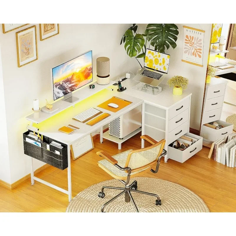 

55 Inch Reversible L Shaped Computer Desk with 4 Drawers, Gaming Desk with LED Lights & USB Power Outlets,