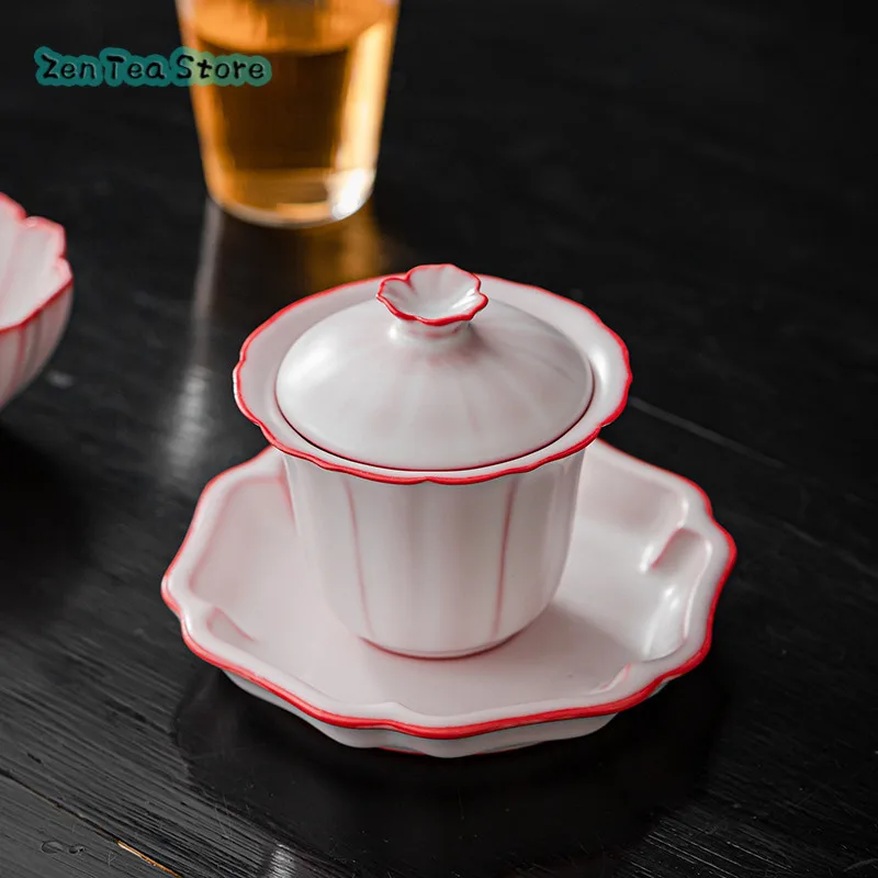 Lard Red Fetal Freeze Three Cover Bowl Single Female High-end Kung Fu Tea Set Powder Ru Kiln Celadon Tea Bowl