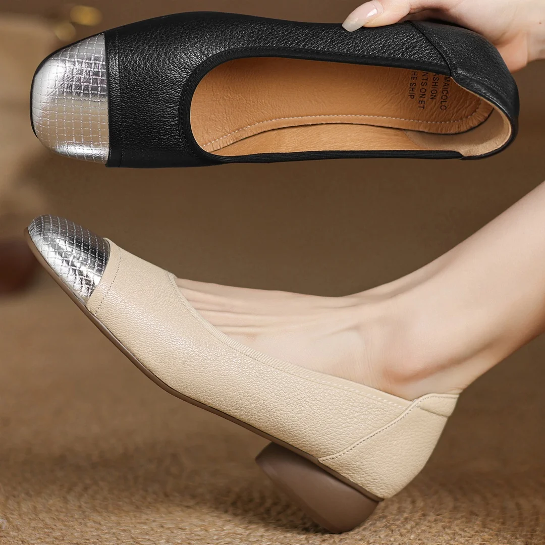 

danxuefei women's sheepskin mix color patchwork square toe metal buckle slip-on Mary Jane flats high quality soft comfort shoes