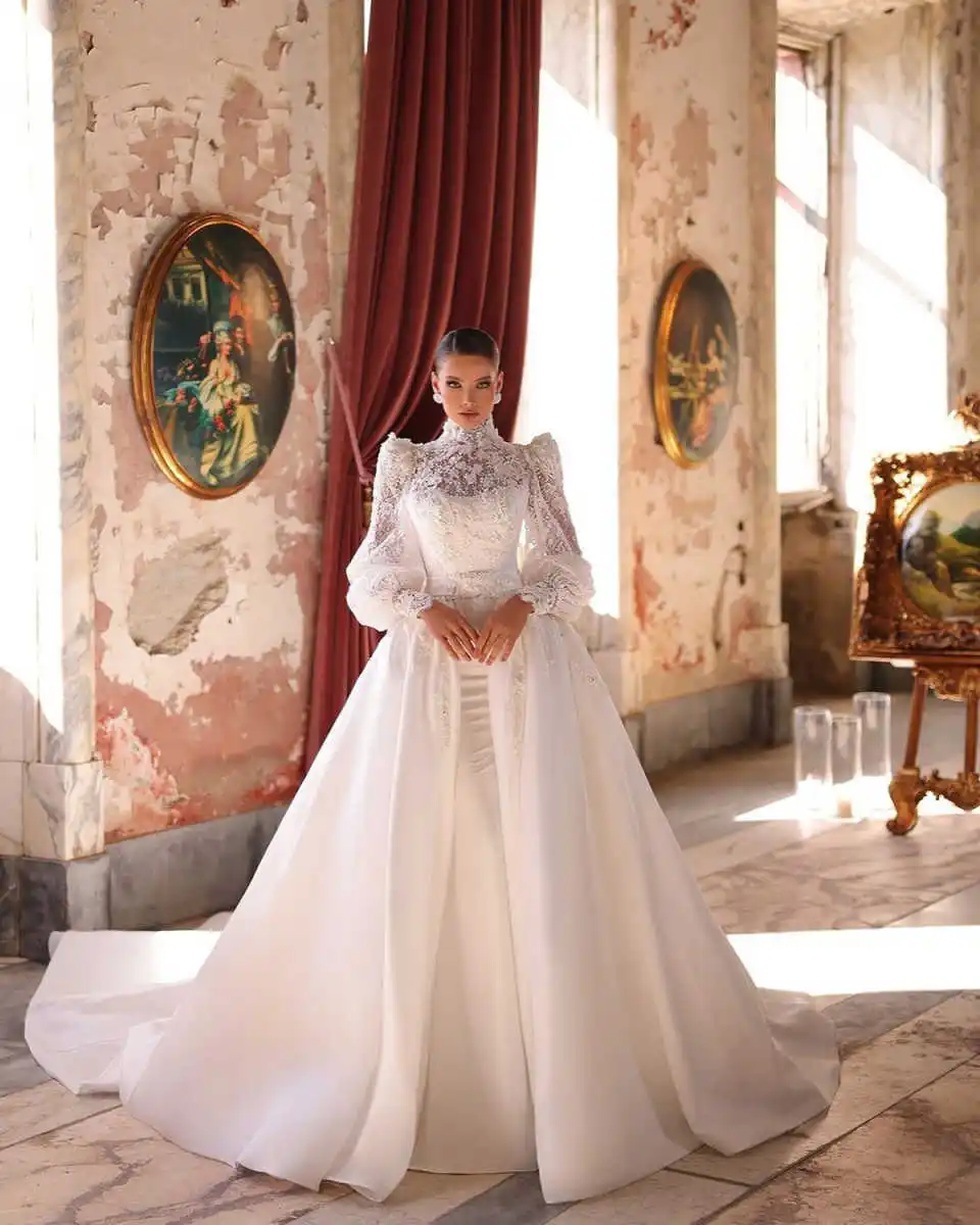 

Vintage Mermaid Wedding Dress with Appliques Lace Jacket Long Sleeve Bridal Gown Dismountable Train Vestido De Noiva Customized