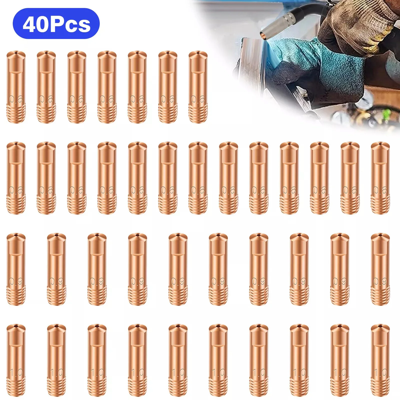 40Pcs/Set Copper Contact Tips M6 Gas Nozzle 0.8mm 0.9mm 1.0mm 24mm Welding Nozzles For 15AK MB15 MIG Welding Torch Tip Moiler