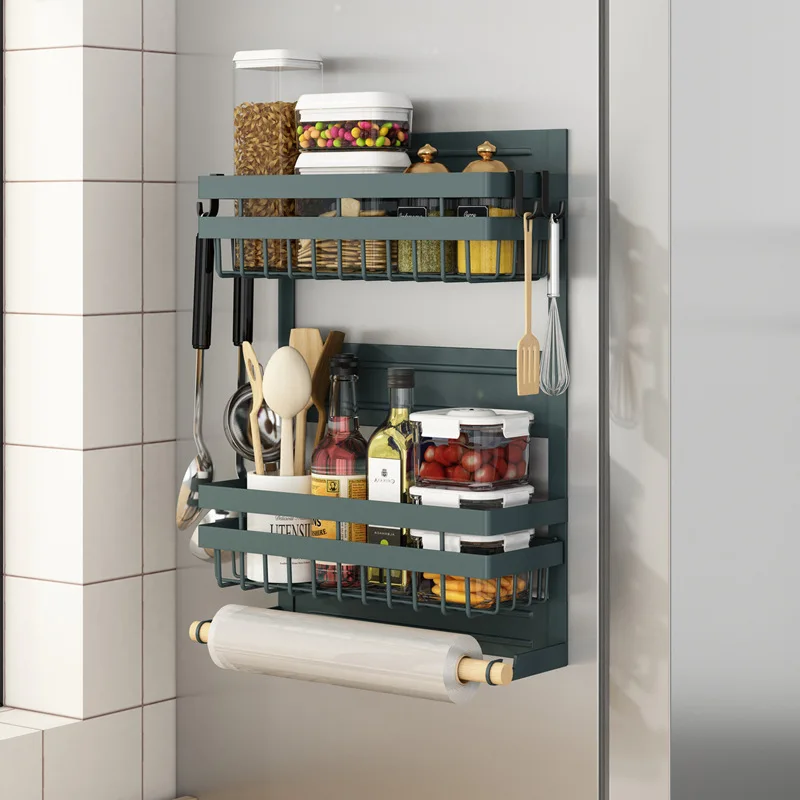 Imagem -05 - Geladeira Magnetic Spice Rack com Ganchos Armazenamento de Cozinha Suporte de Toalha de Papel Microondas Side Hanging Organiser no Hole Novo