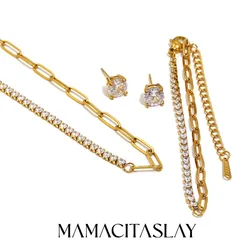 MamacitaSlay 316L Stainless Steel AAA Zircon Asymmetrical Necklace Bracelet Earrings 18K Gold Plated Waterproof Jewelry Set Gift