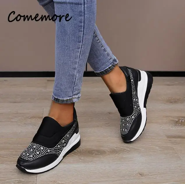 Sneakers Woman\'s High Black White Pink Sneakers for Women Outdoor Sports New Rhinestone Female Wedges Heel Sneaker Spring Autumn