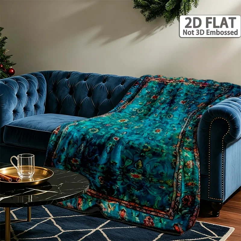 Elegant Turquoise Floral Blanket Aesthetic Flower Patterns Soft Cozy Throw for Bed Sofa Bedroom Living Room Decor