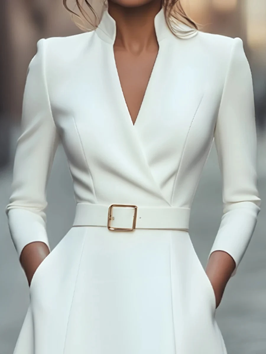 Damen Herbst Winter V-Ausschnitt Langarm A-Linie Rock Schlankheits Taille Gürtel Mittellang Pendlermode – Detail 7