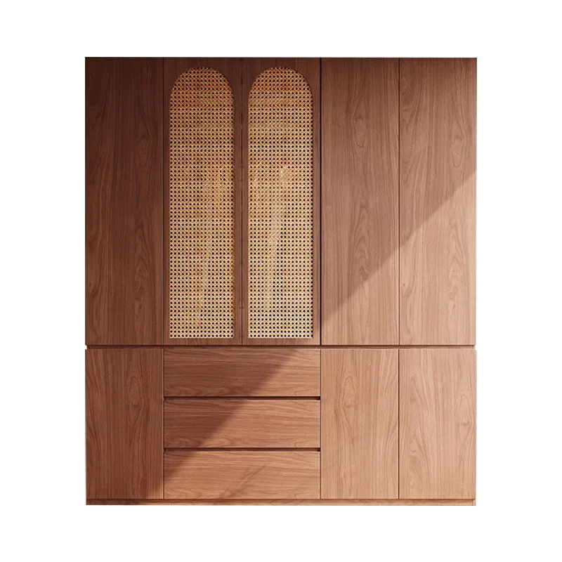 Medieval style all-solid wood wardrobe, walnut oak rattan weaving process, casement door segmented non-handle wardrobe