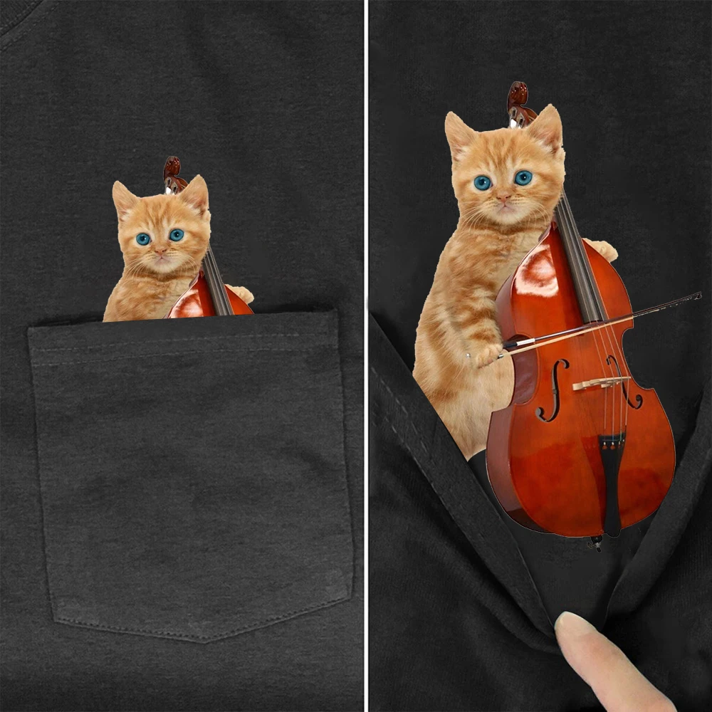 CLOOCL Fashion Cotton T-Shirt Funny Cat With Cello Pocket Sticker Printed T-shirt Unisex Hip Hop Tops Summer Casual Tees S-7XL