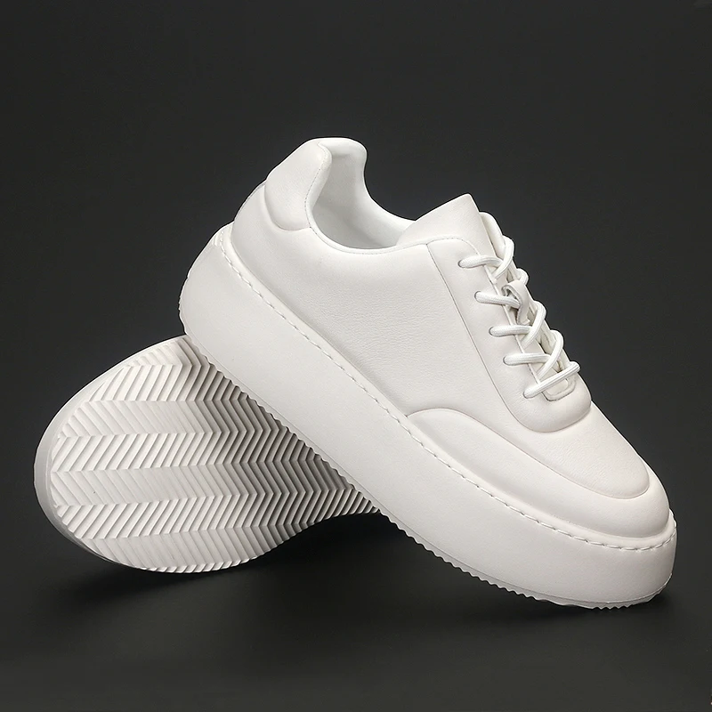 British Leather Thick Soled Men\'s Shoes Round Head All Match Small White Shoes Korean Fashion Trend Cowhide Low Top Lace-up